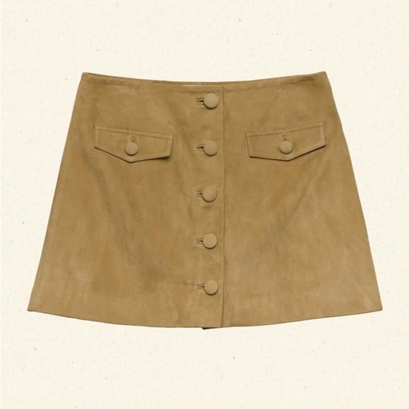 NWT Doen Courtney Goat Suede Button Pocket Mini Skirt Light Camel Tan - Picture 11 of 13